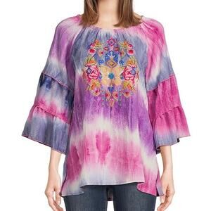 New Calessa Tie Dye Print Floral Embroidered 3/4 Tiered Sleeve Tunic Shirt Sz 1X